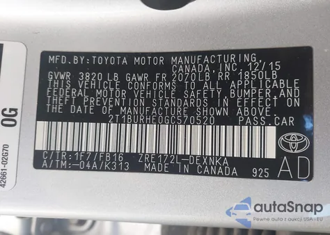 2016 Toyota Corolla Le from USA, damaged, VIN 2T1BURHE0GC570520